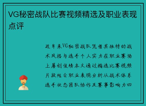 VG秘密战队比赛视频精选及职业表现点评